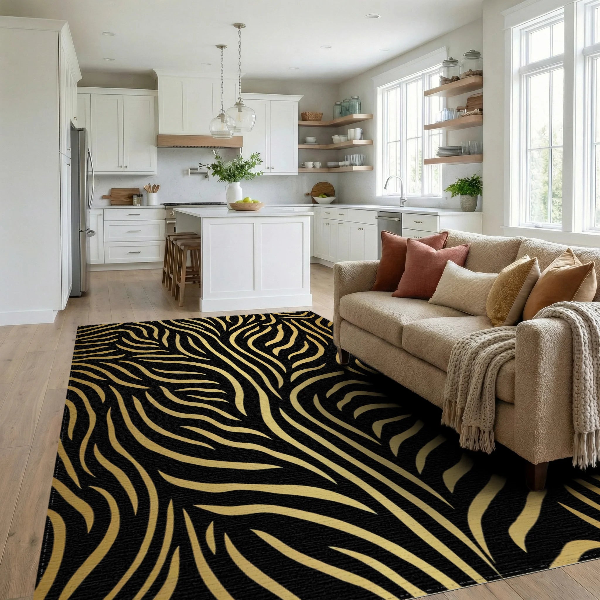 Bold Black Golden Zebra Stripes Rug - Living Room View