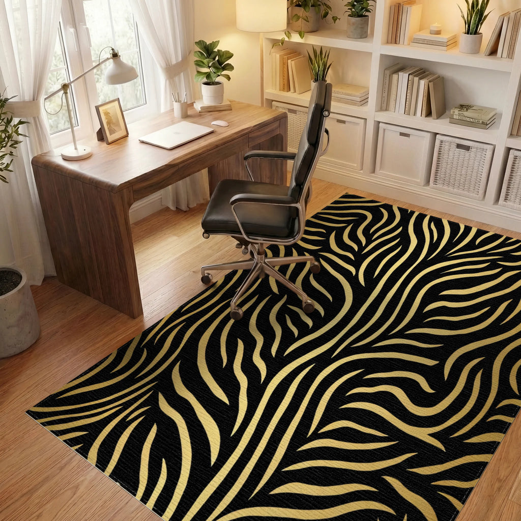Bold Black Golden Zebra Stripes Rug - Office View