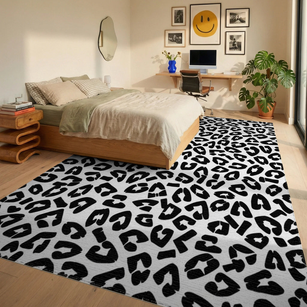 Bold Black Leopard Spots Pattern Rug Bedroom View