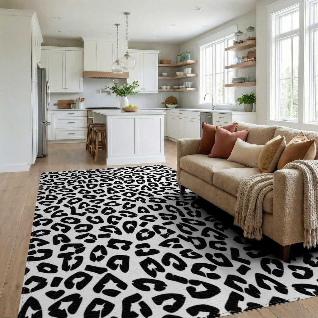 Bold Black Leopard Spots Pattern Rug Living Room View