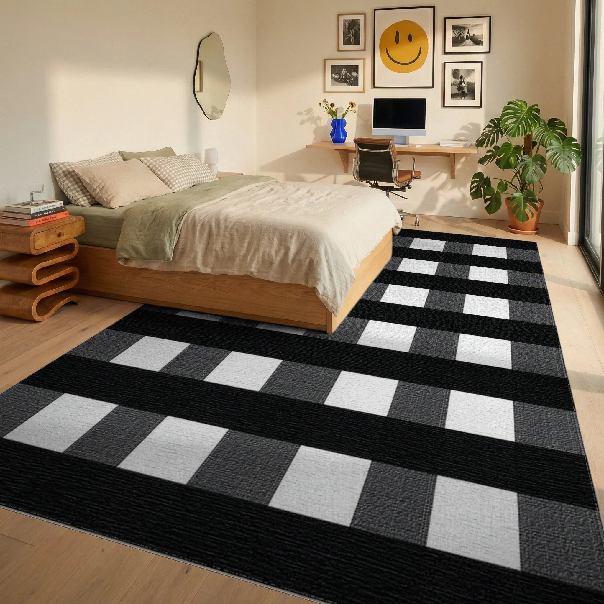 Bold Black White Checkered Harmony Rug - Bedroom View