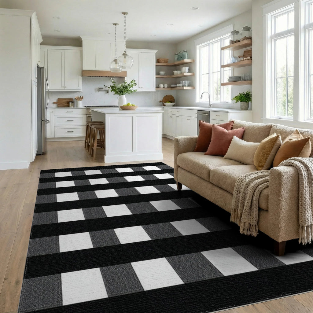 Bold Black White Checkered Harmony Rug - Living Room View