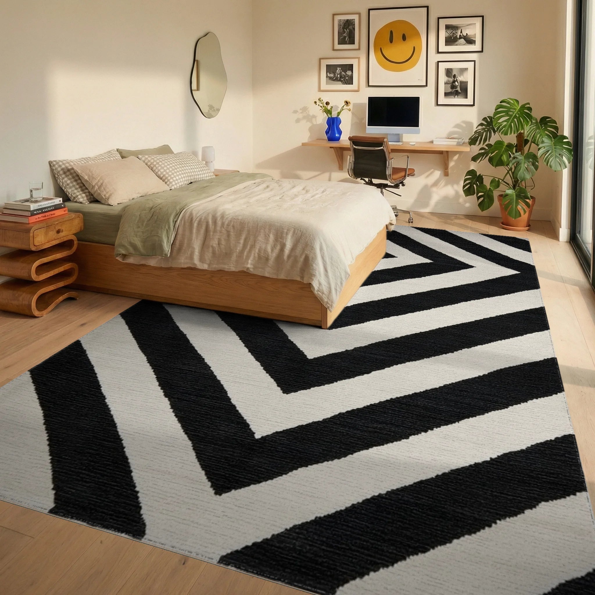Bold Black White Diamond Zigzag Rug - Bedroom View