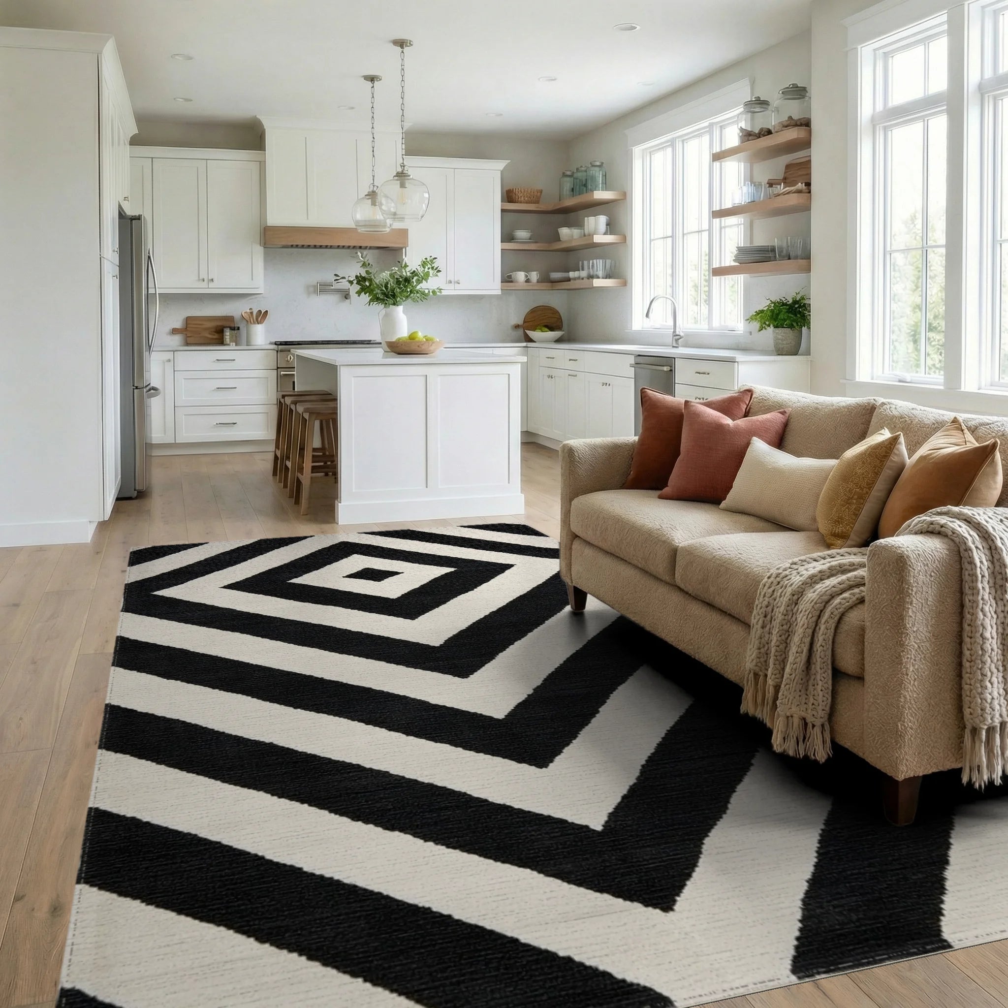 Bold Black White Diamond Zigzag Rug - Living Room View