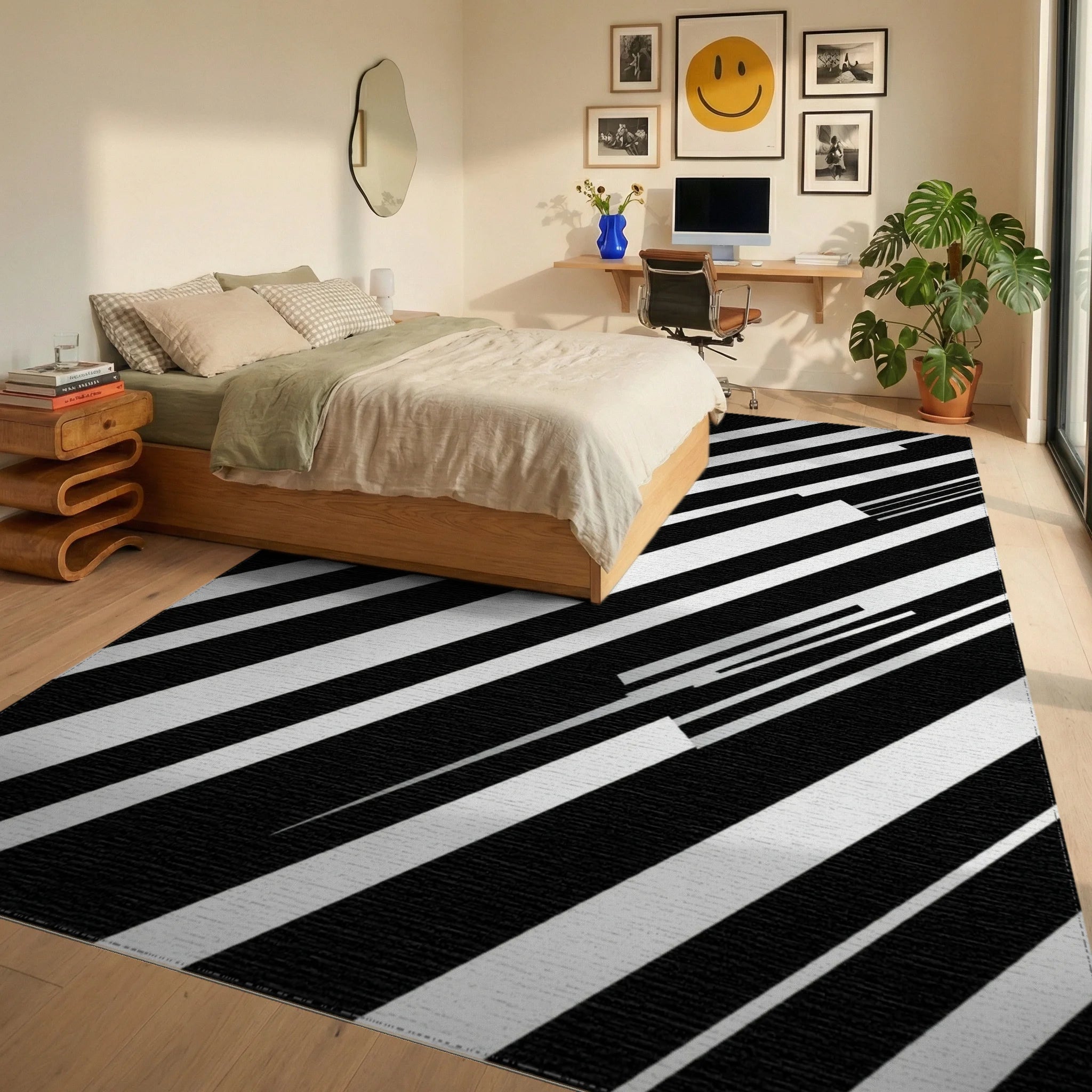 Bold Black White Geometric Stripes Rug Bedroom View