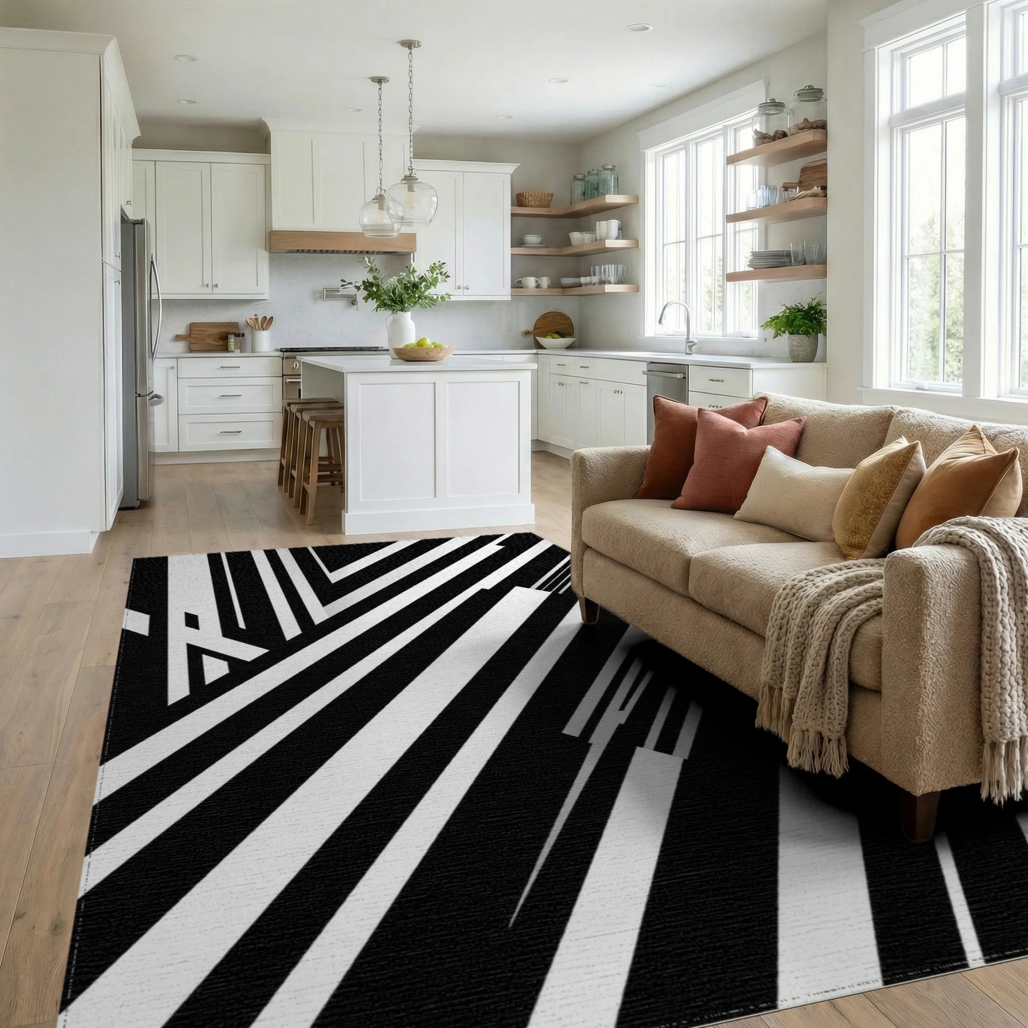 Bold Black White Geometric Stripes Rug Living Room View