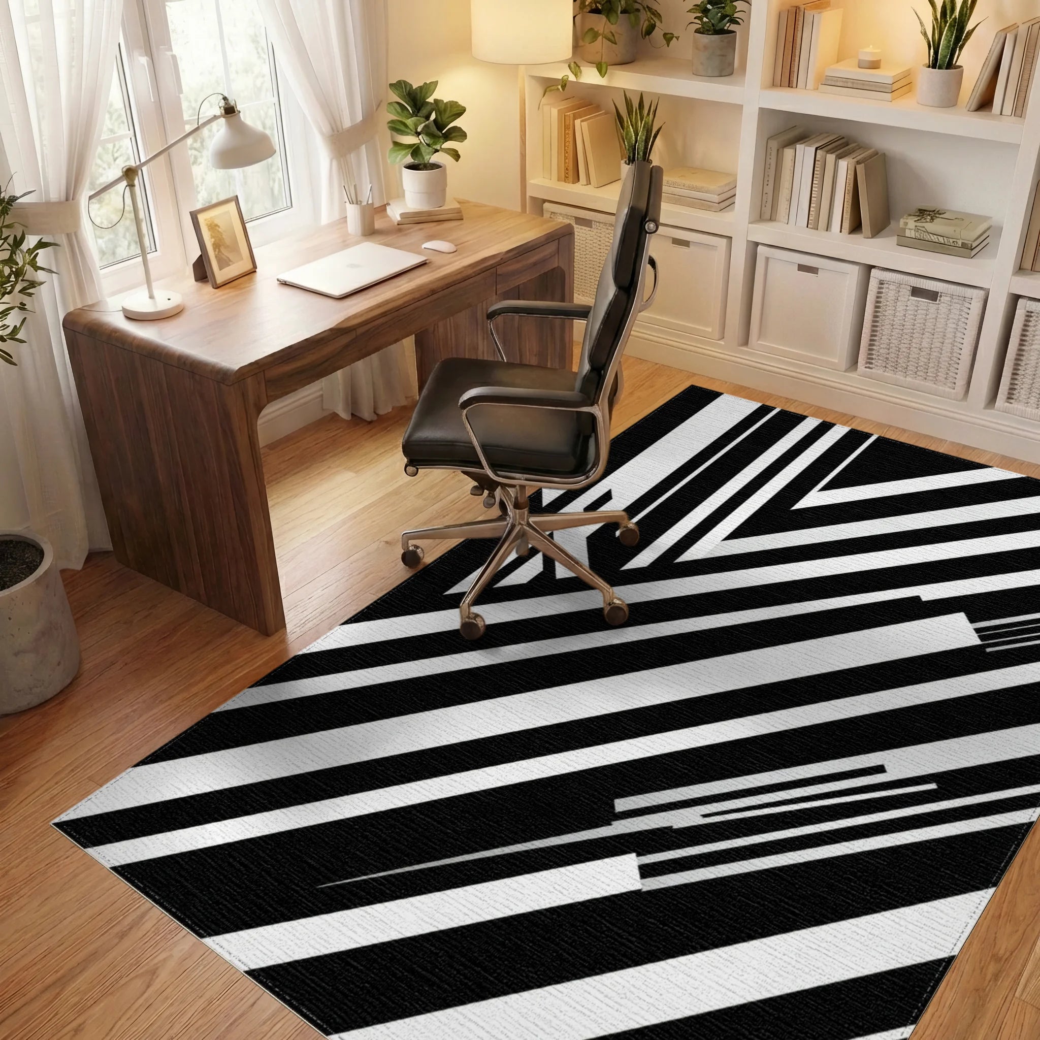 Bold Black White Geometric Stripes Rug Office View