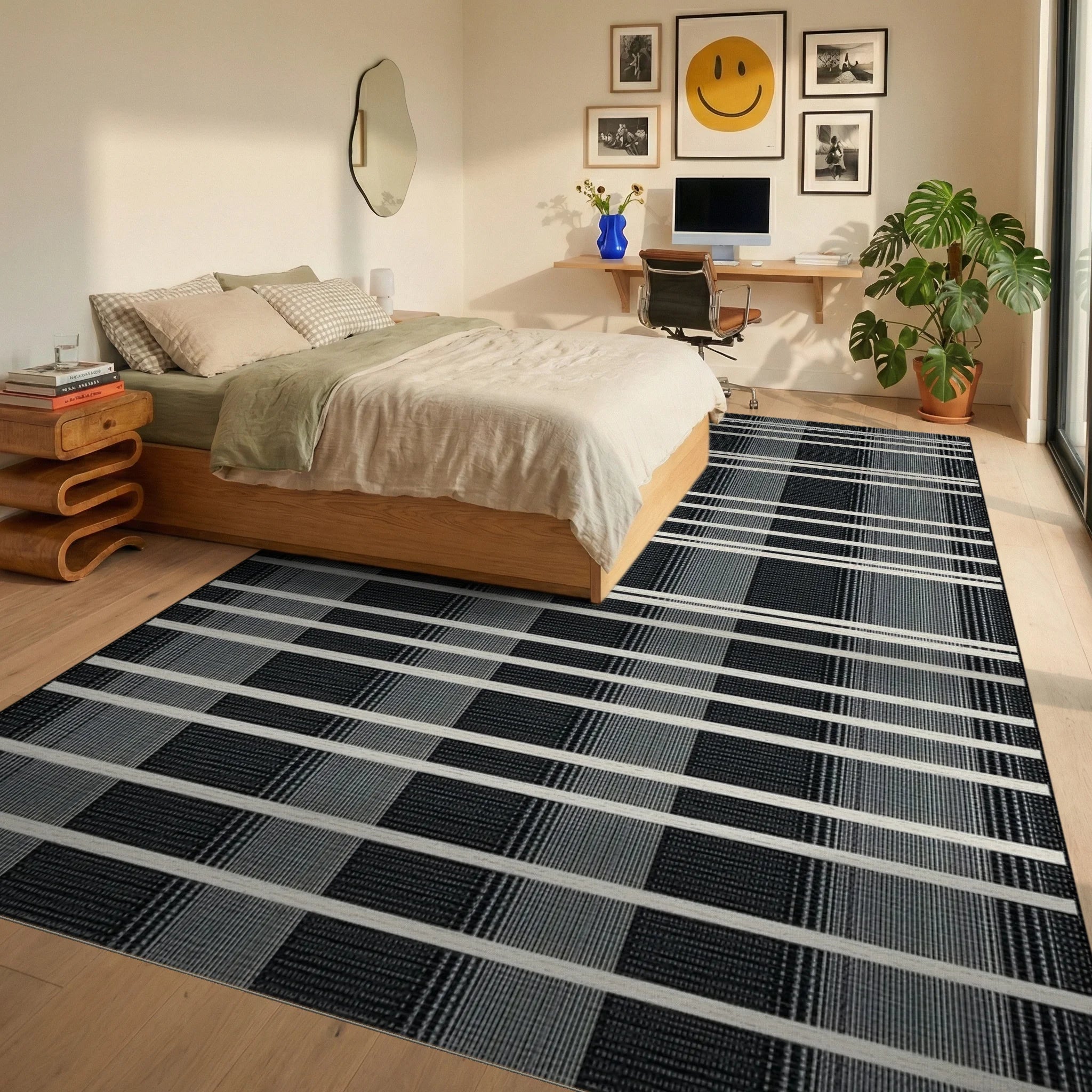 Bold Black White Horizontal Lattice Rug - Bedroom View