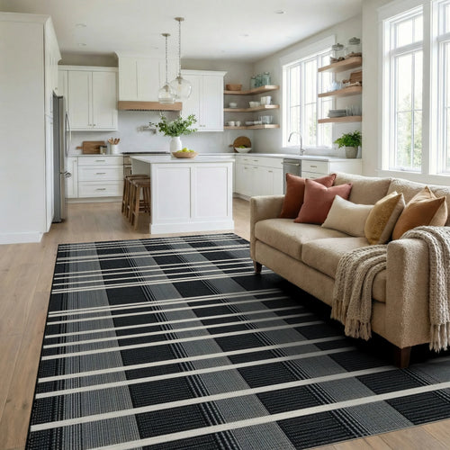 Bold Black White Horizontal Lattice Rug - Living Room View