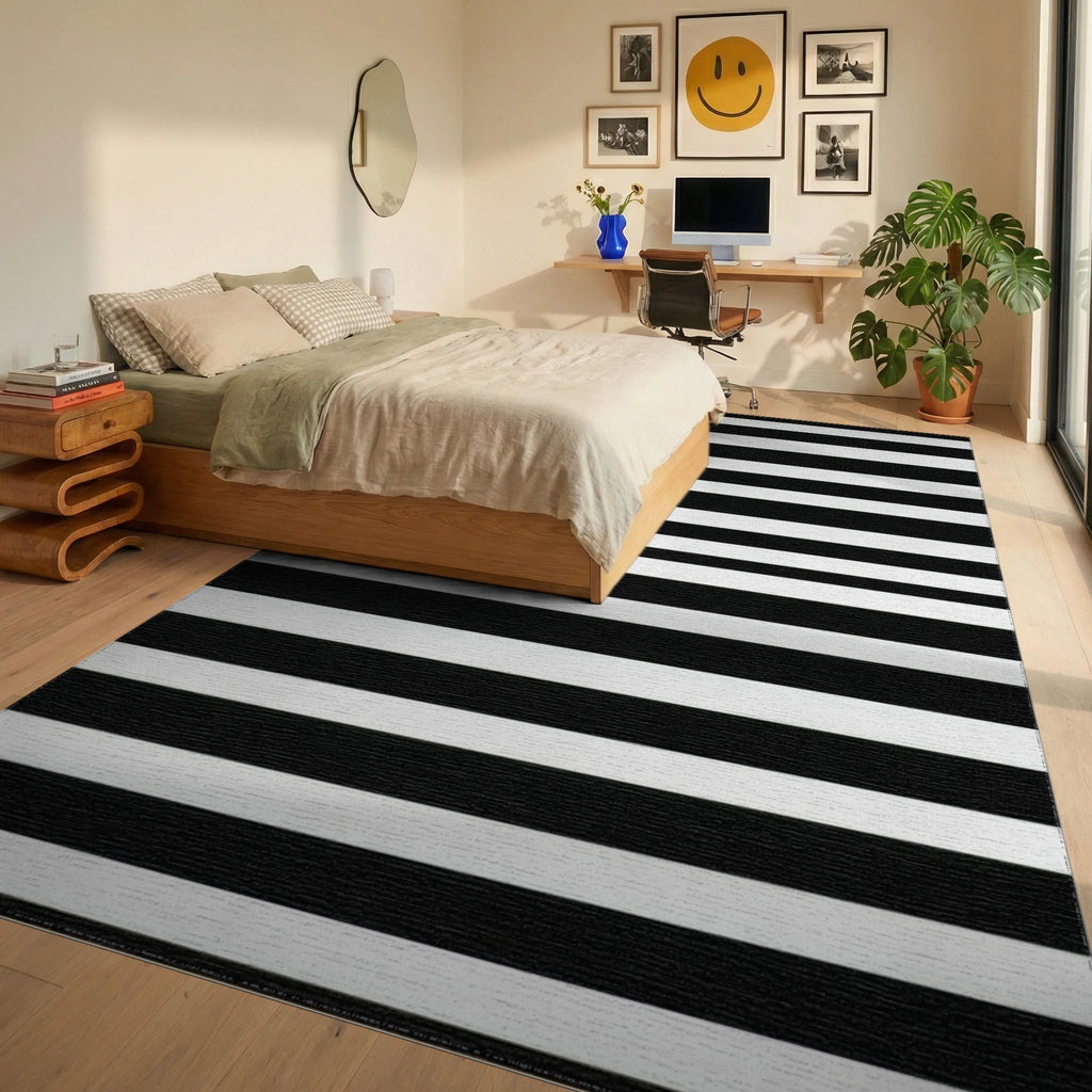 Bold Black White Horizontal Striped Rug - Bedroom View