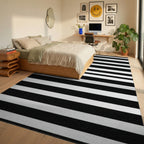 Bold Black White Horizontal Striped Rug - Bedroom View