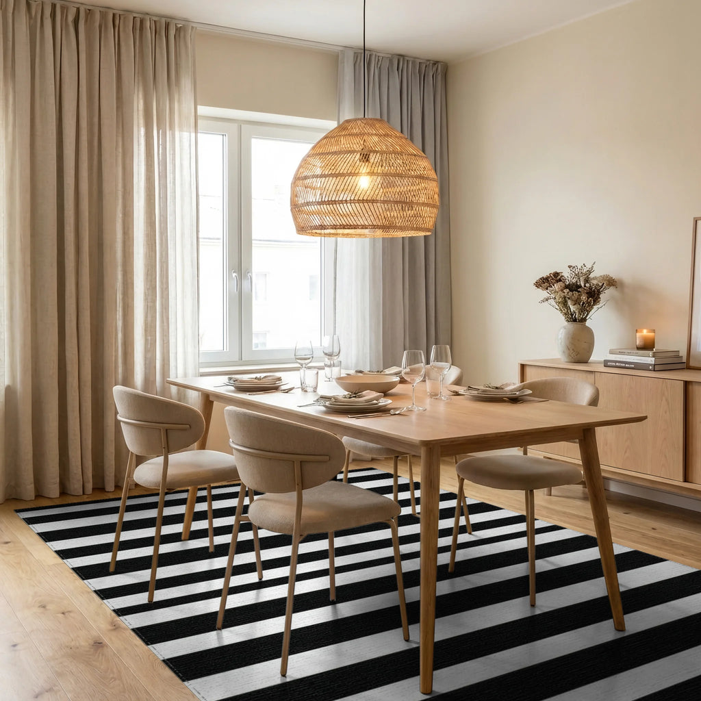 Bold Black White Horizontal Striped Rug - Dining Room View