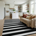 Bold Black White Horizontal Striped Rug - Living Room View