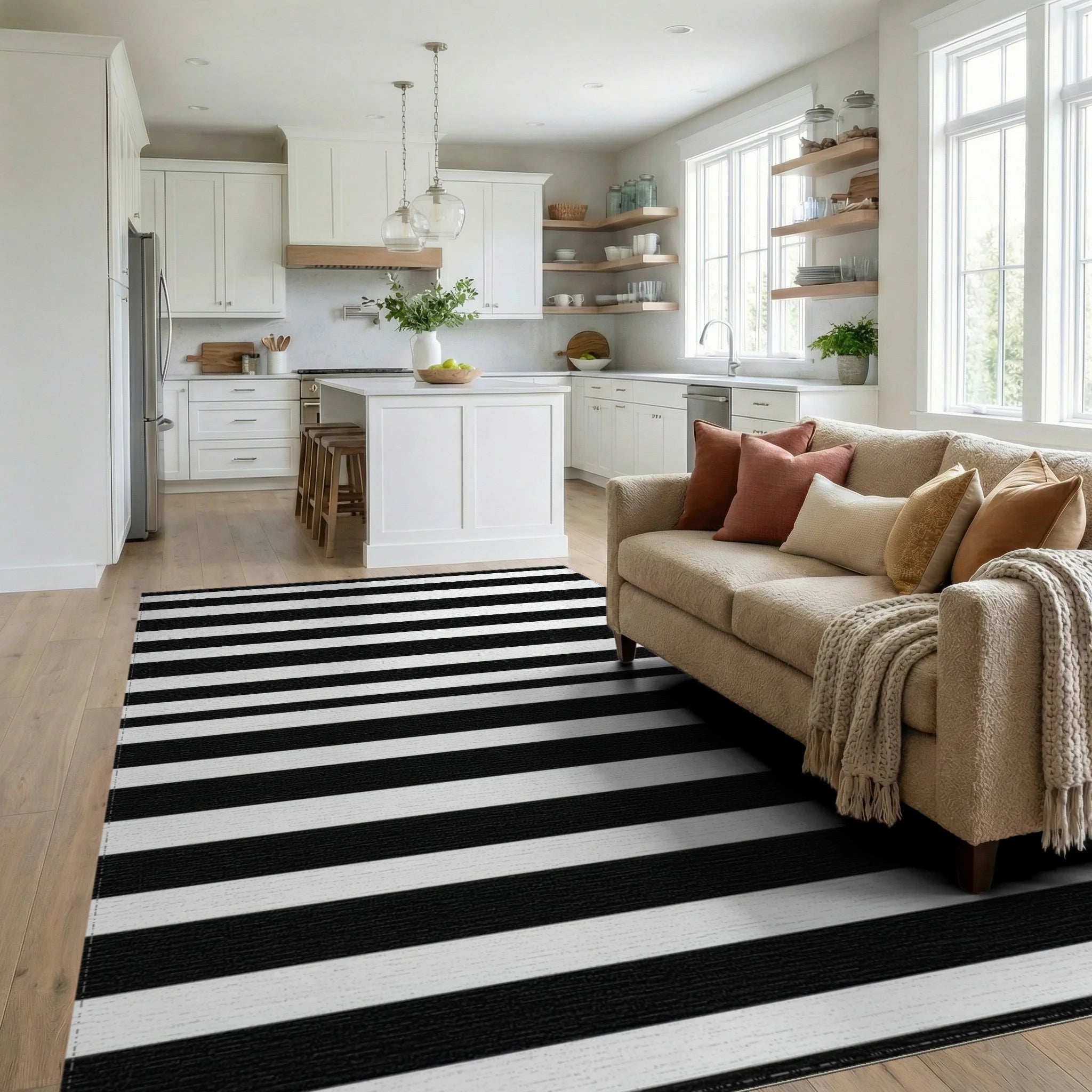 Bold Black White Horizontal Striped Rug - Living Room View