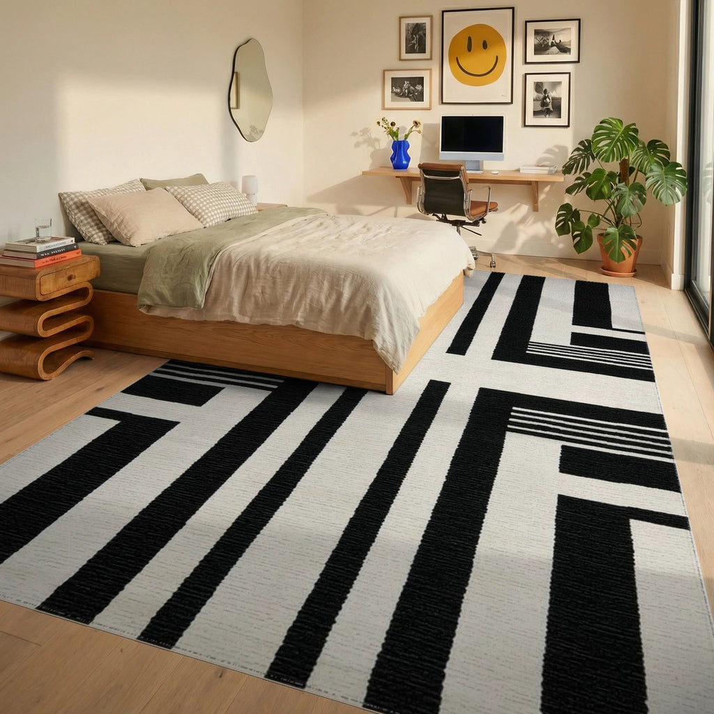 Bold Black White Line Segment Rug - Bedroom View