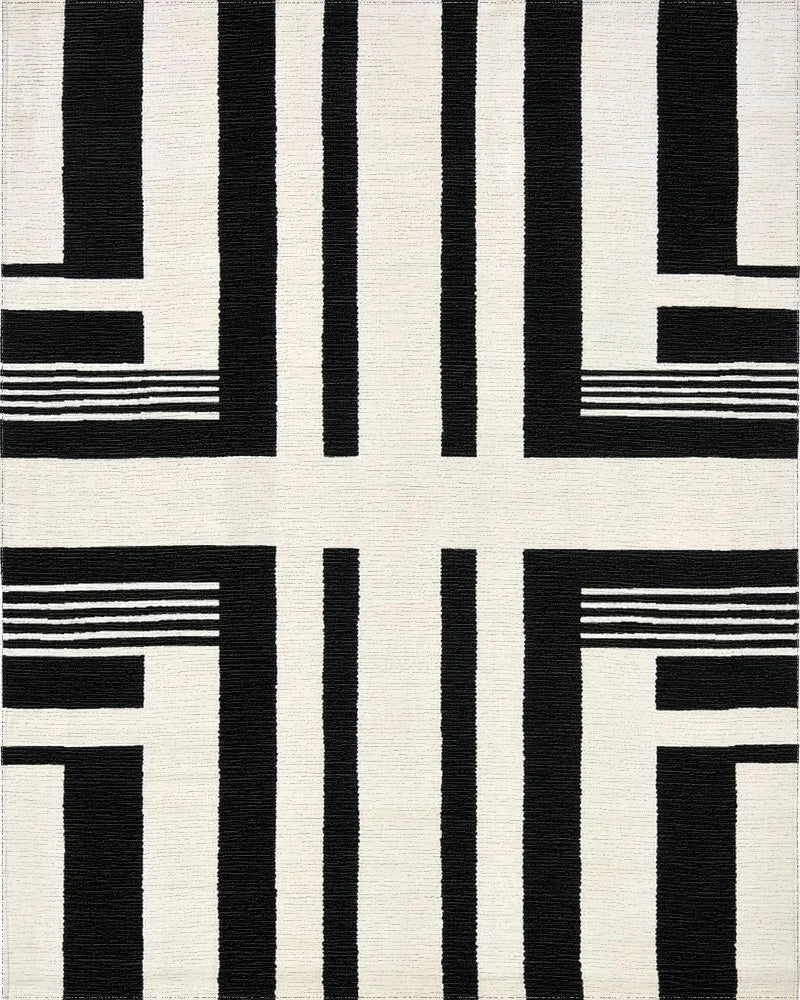 Bold Black White Line Segment Rug - Cutout View