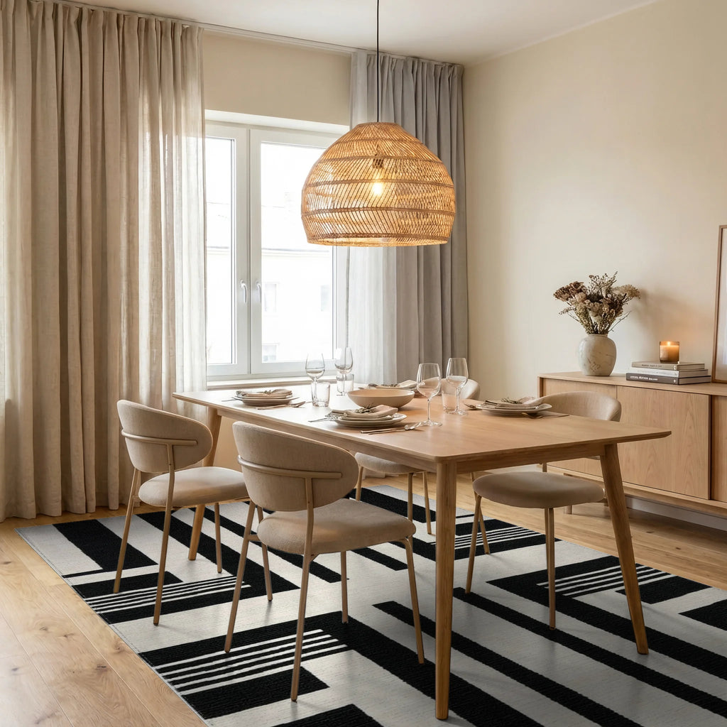 Bold Black White Line Segment Rug - Dining Room View