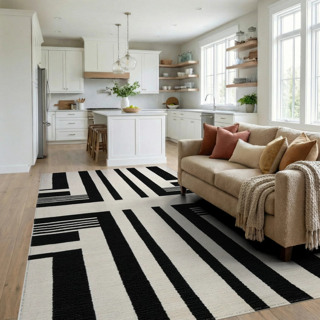 Bold Black White Line Segment Rug - Living Room View