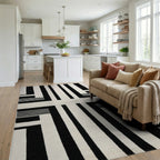 Bold Black White Line Segment Rug - Living Room View
