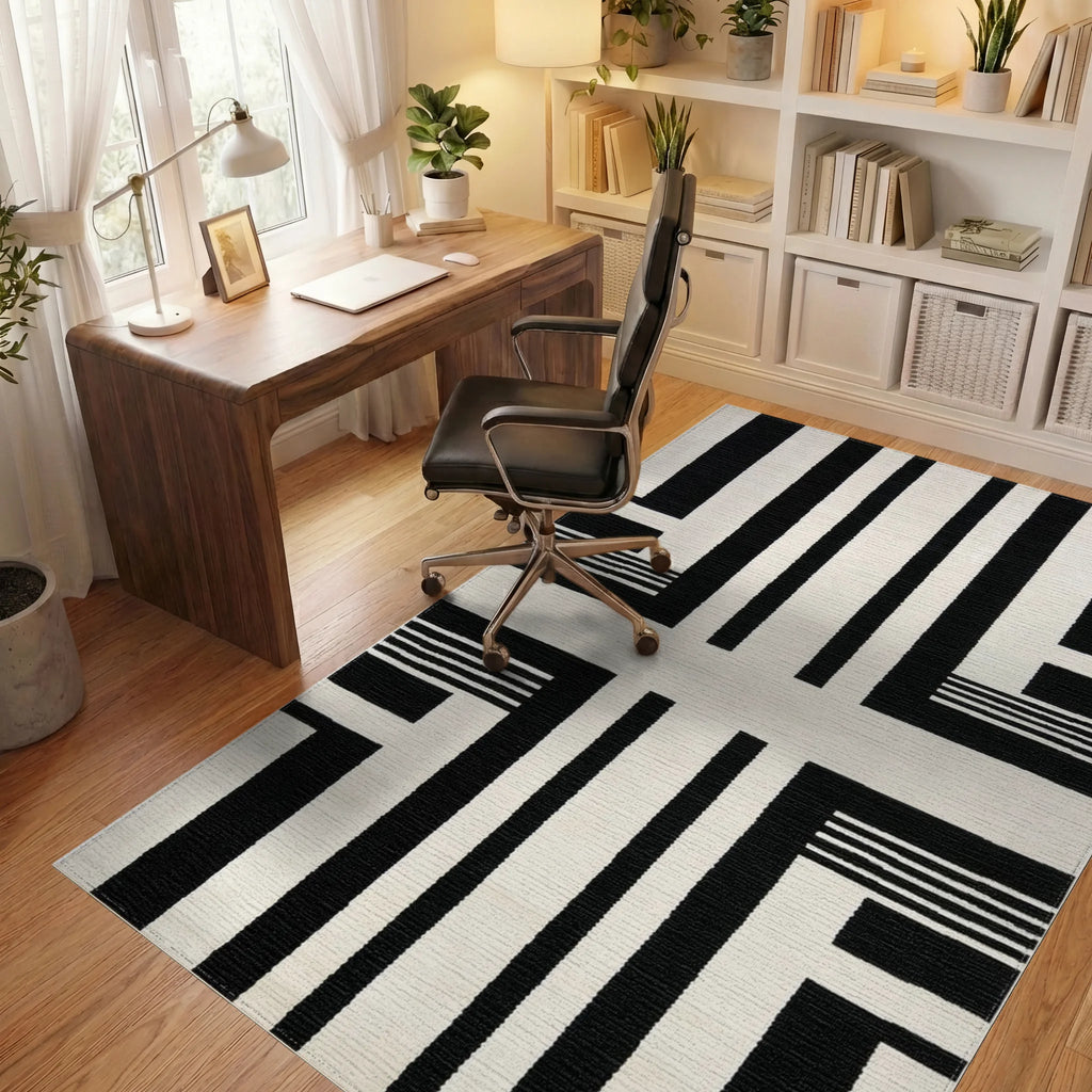 Bold Black White Line Segment Rug - Office View