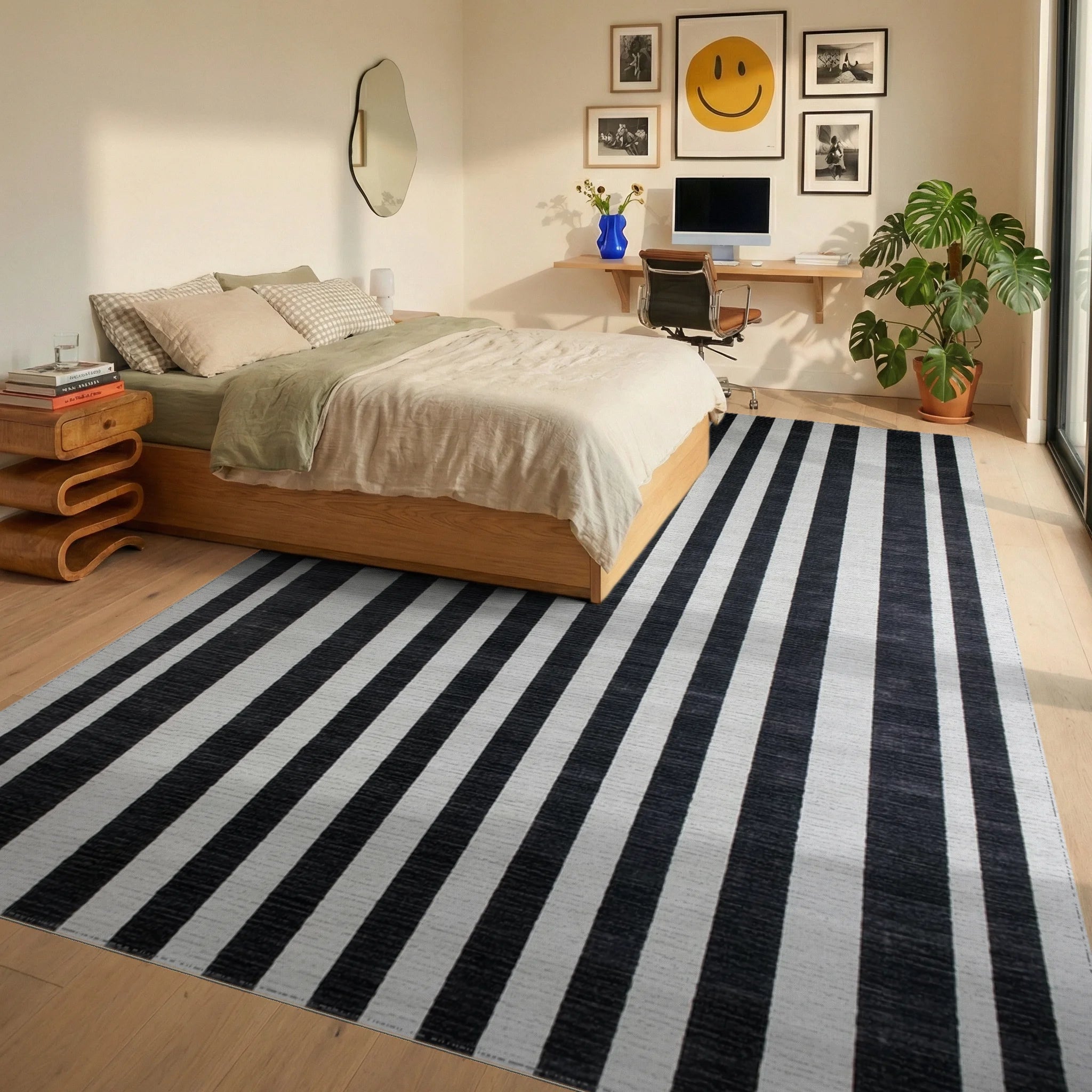Bold Black White Linear Bands Rug Bedroom View