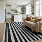 Bold Black White Linear Bands Rug Living Room View