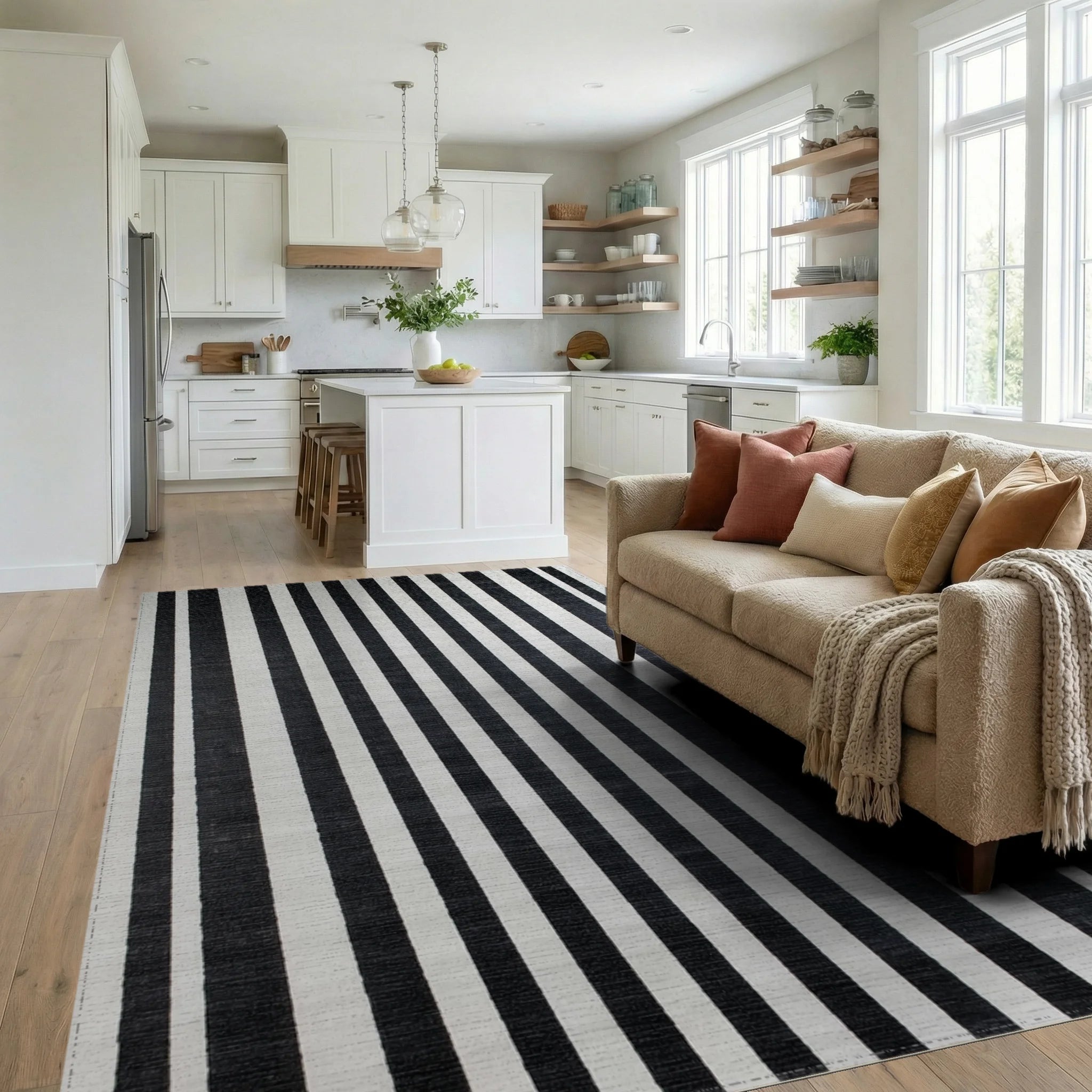 Bold Black White Linear Bands Rug Living Room View