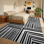 Bold Black White Rectangular Maze Rug Bedroom View