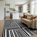 Bold Black White Rectangular Maze Rug Living Room View