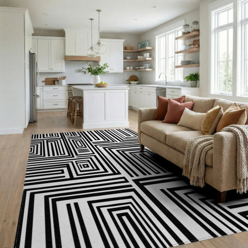 Bold Black White Rectangular Maze Rug Living Room View