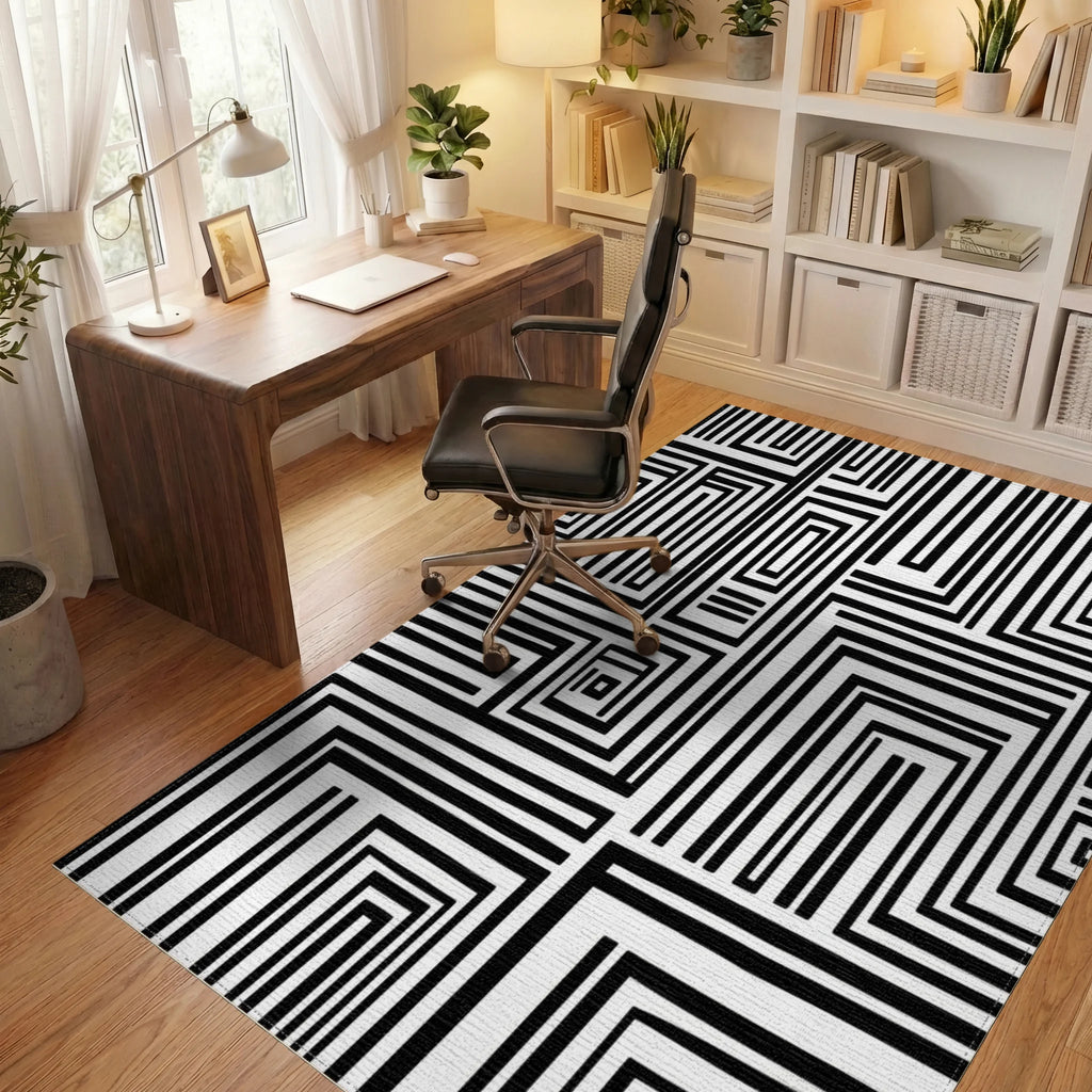 Bold Black White Rectangular Maze Rug Office View