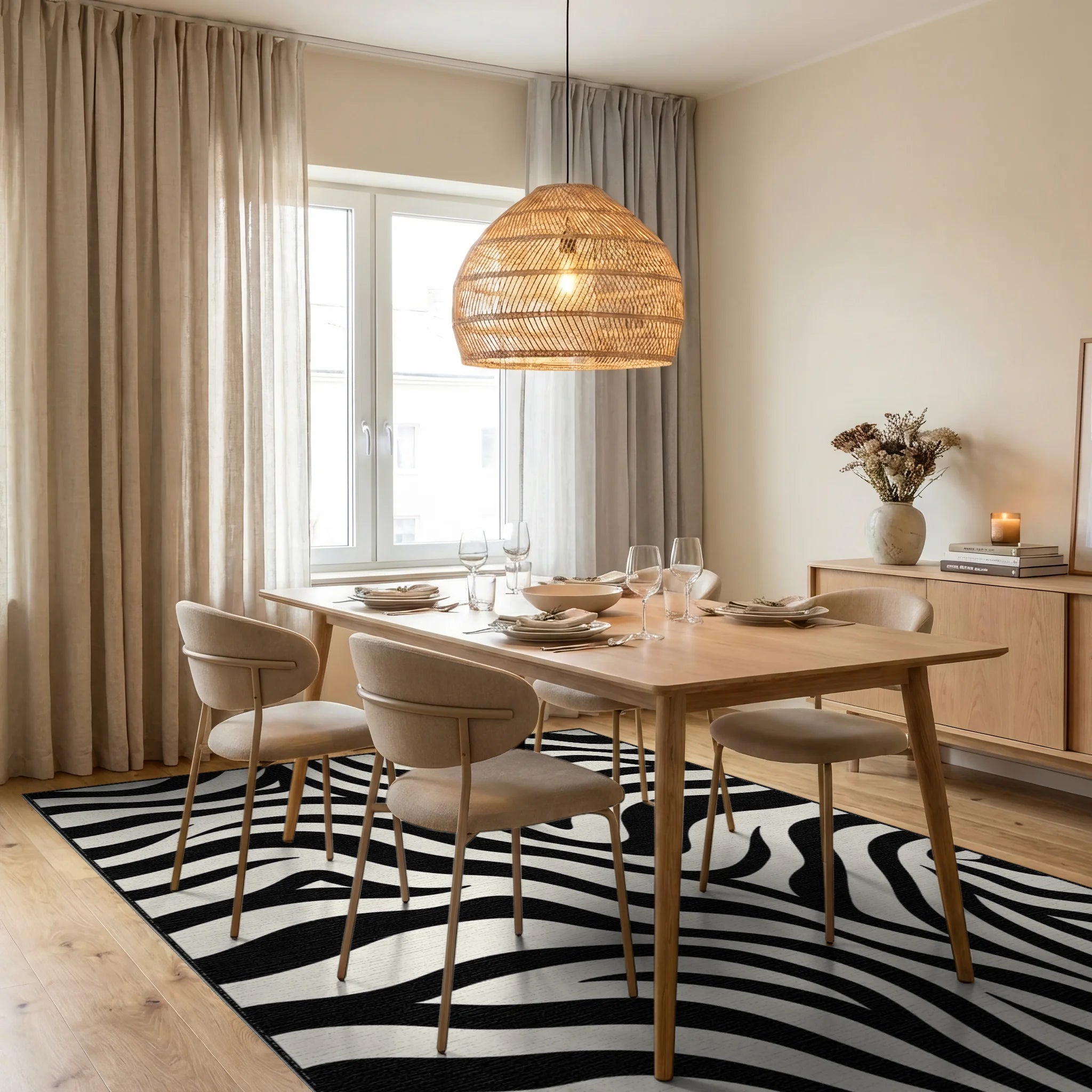 Bold Black White Zebra Stripes Rug Dining Room View
