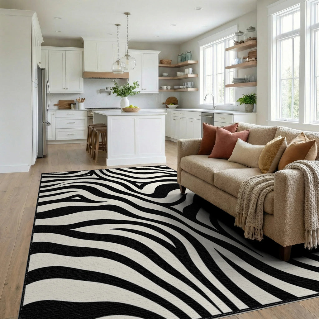 Bold Black White Zebra Stripes Rug Living Room View