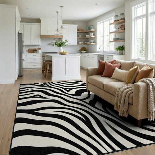 Bold Black White Zebra Stripes Rug Living Room View