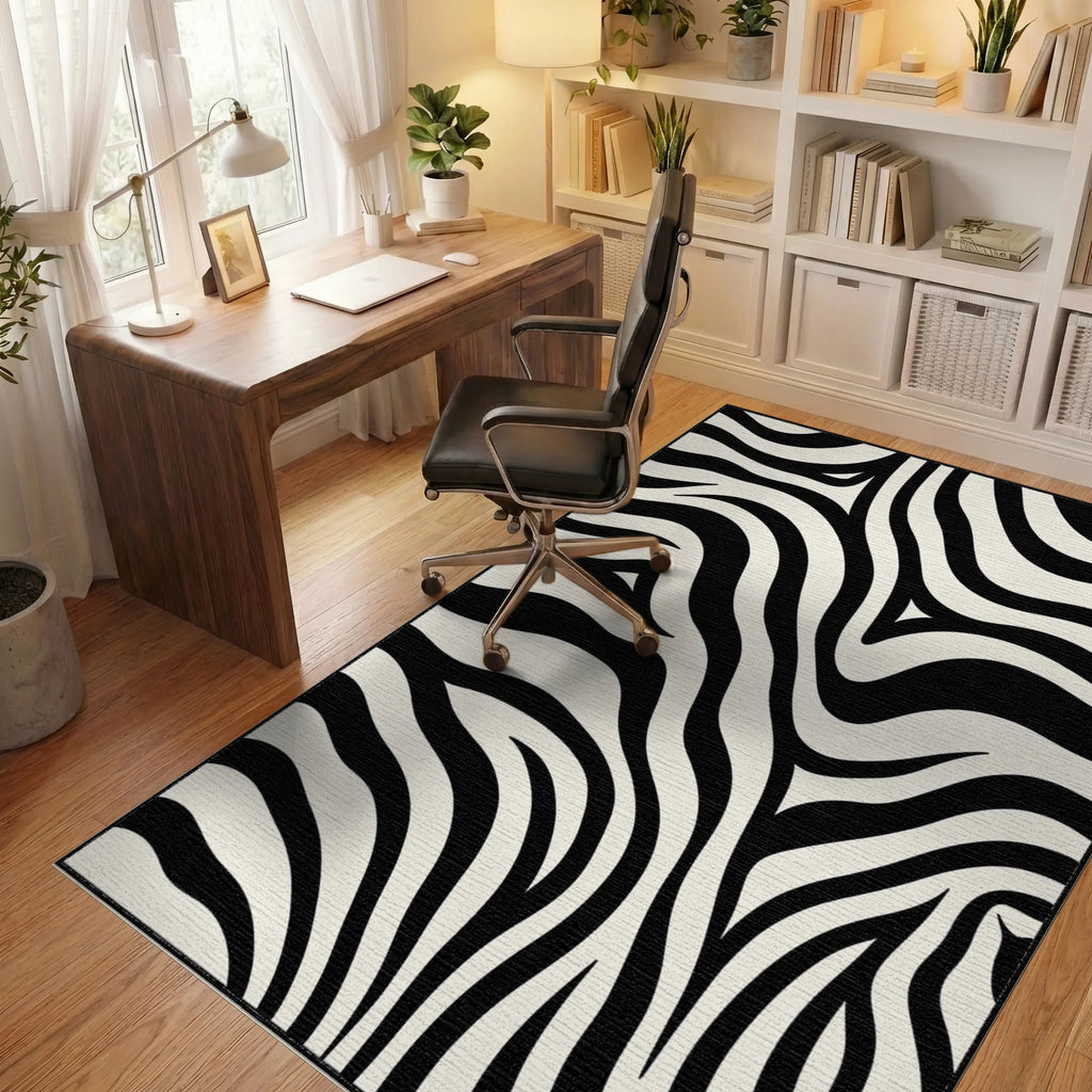 Bold Black White Zebra Stripes Rug Office View