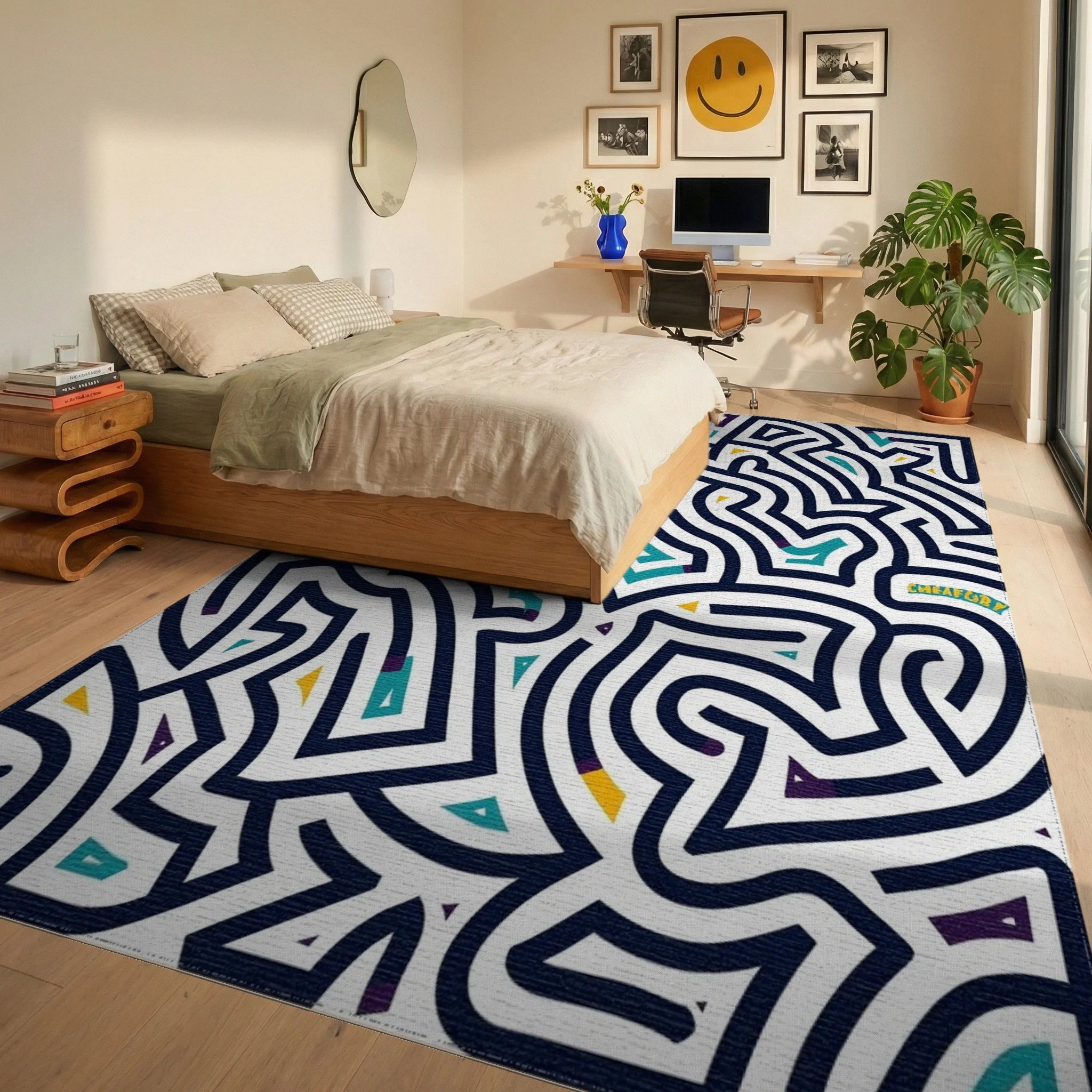 Bold Blue Interlocking Geometric Fragment Rug Bedroom View