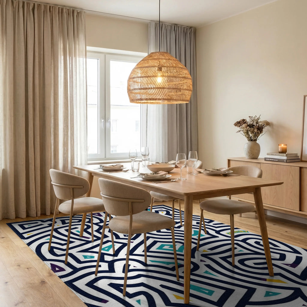 Bold Blue Interlocking Geometric Fragment Rug Dining Room View