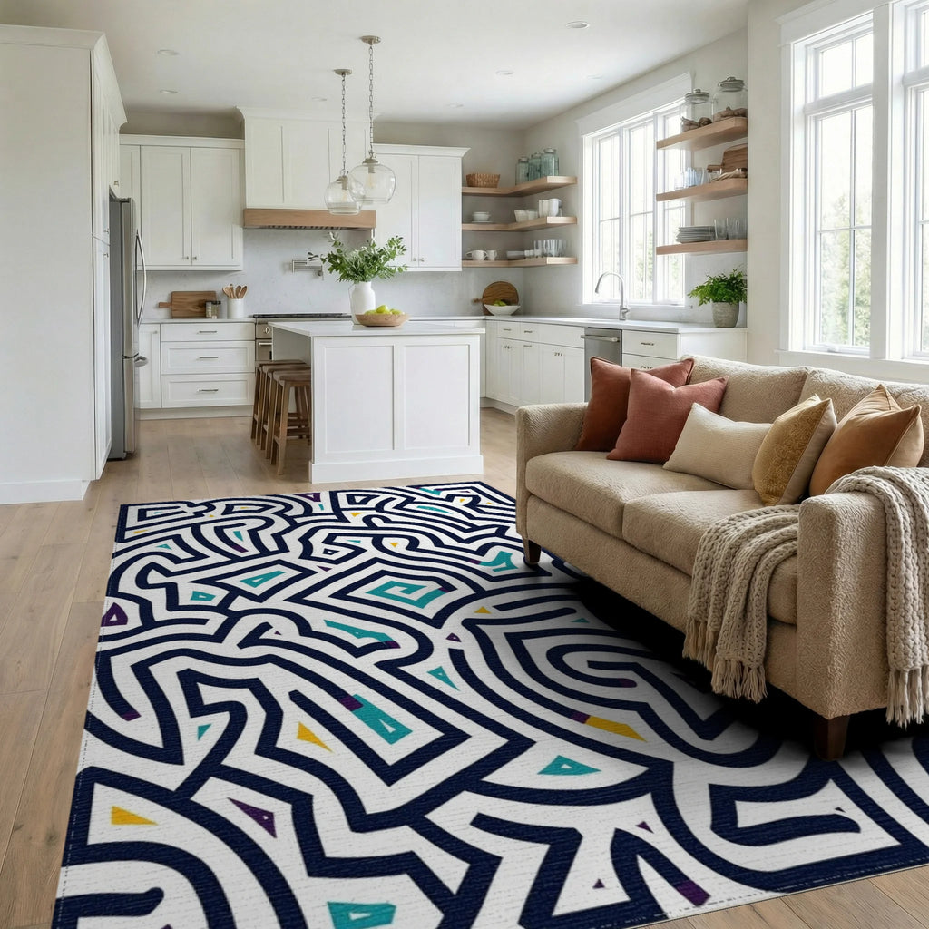 Bold Blue Interlocking Geometric Fragment Rug Living Room View