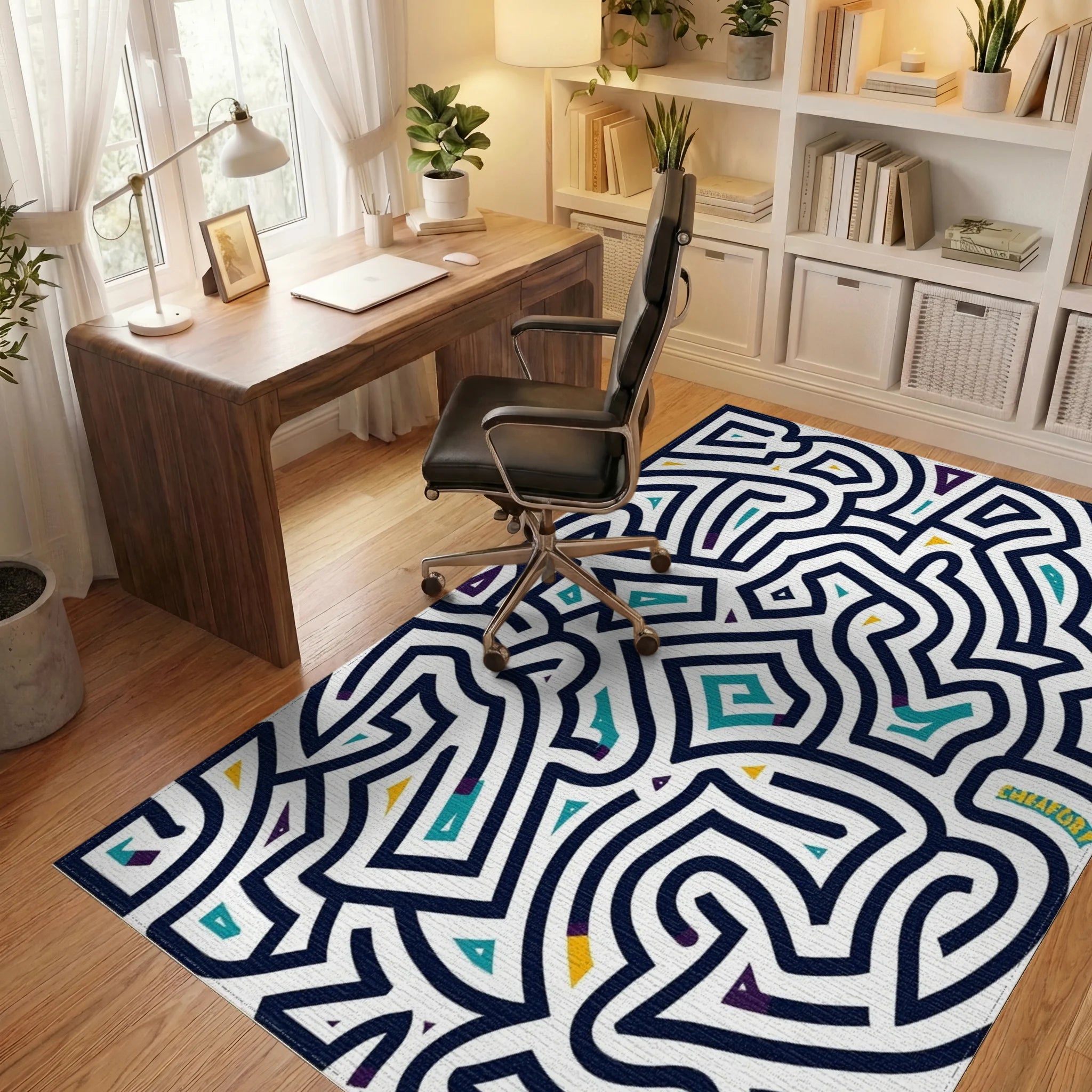 Bold Blue Interlocking Geometric Fragment Rug Office View