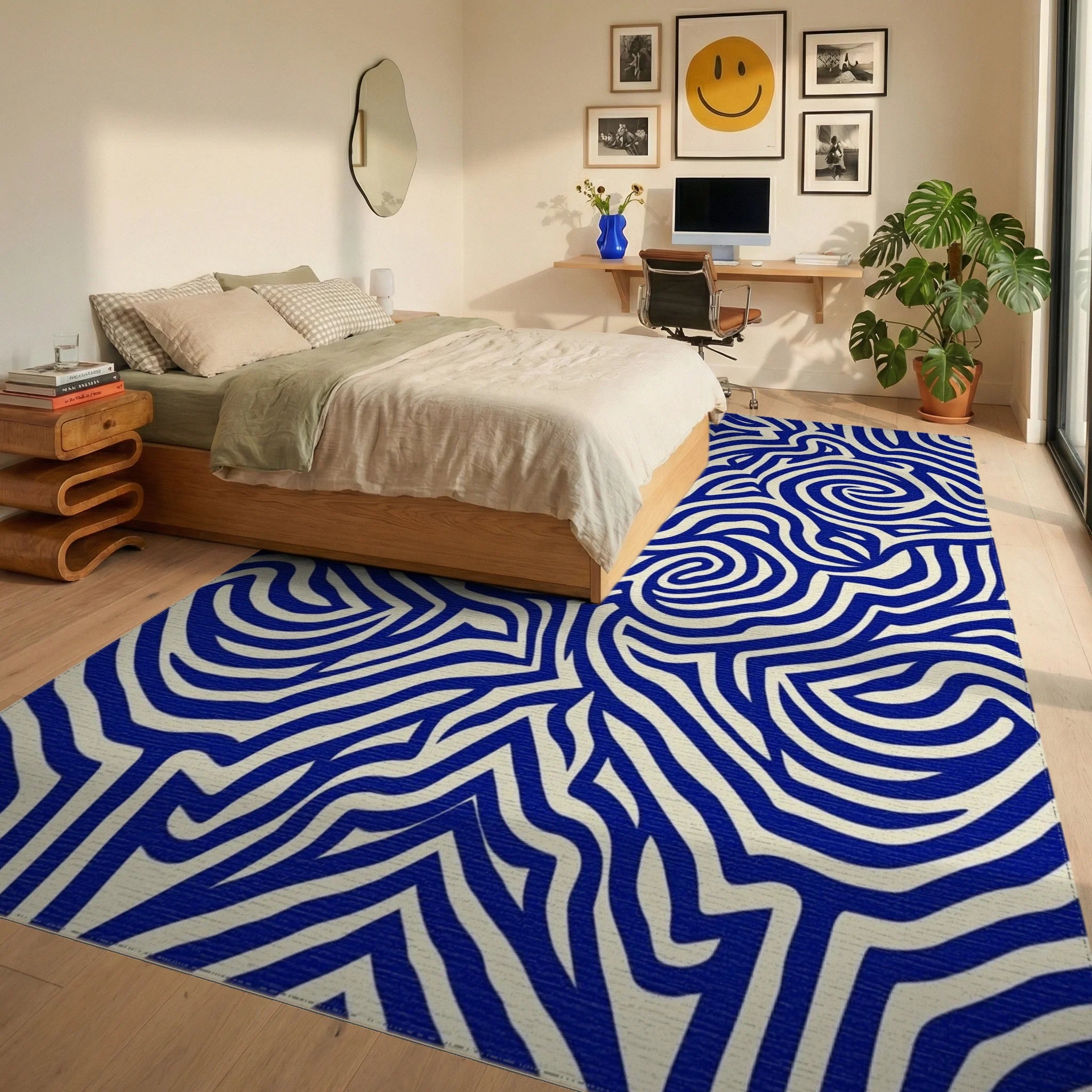 Bold Blue Swirling Abstract Lines Rug Bedroom View