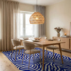 Bold Blue Swirling Abstract Lines Rug Dining Room View