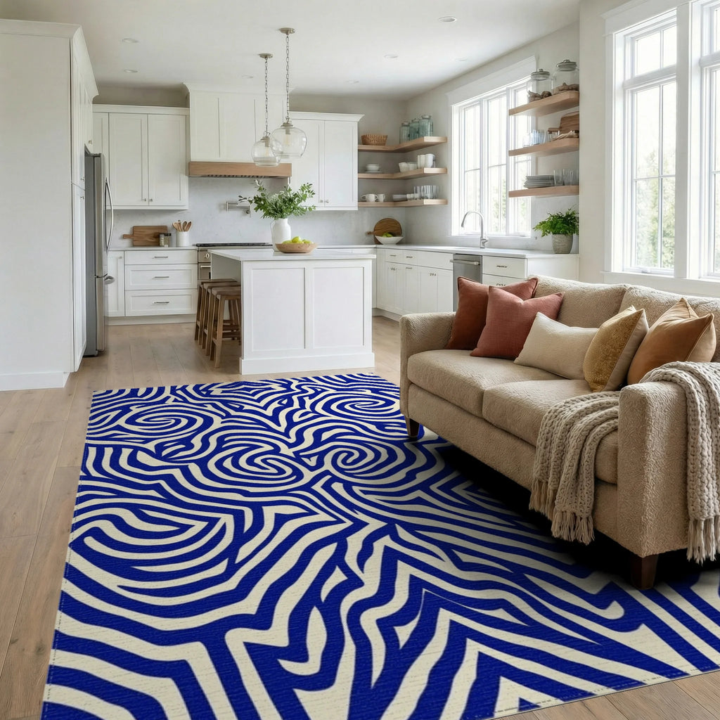 Bold Blue Swirling Abstract Lines Rug Living Room View