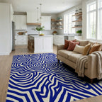 Bold Blue Swirling Abstract Lines Rug Living Room View