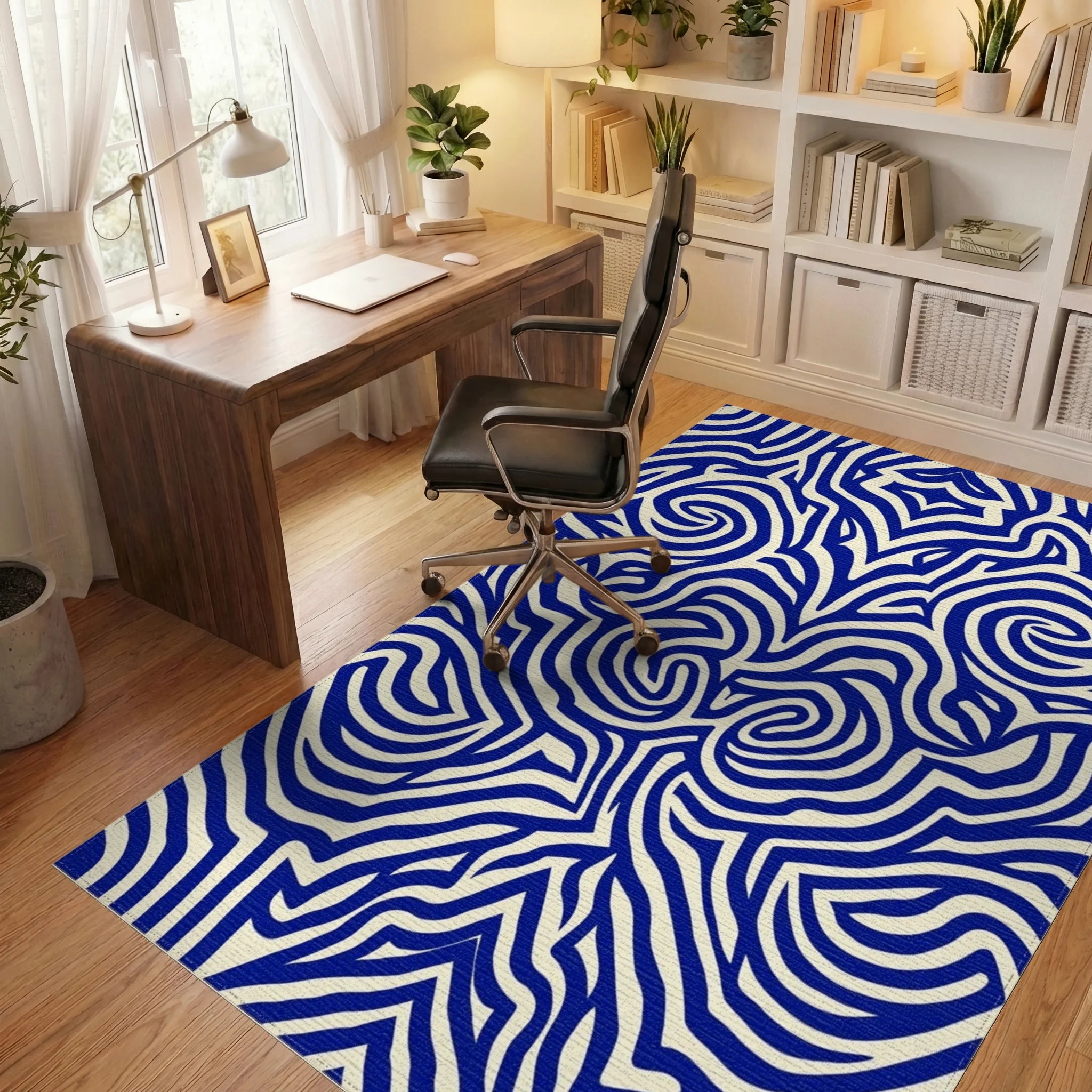 Bold Blue Swirling Abstract Lines Rug Office View