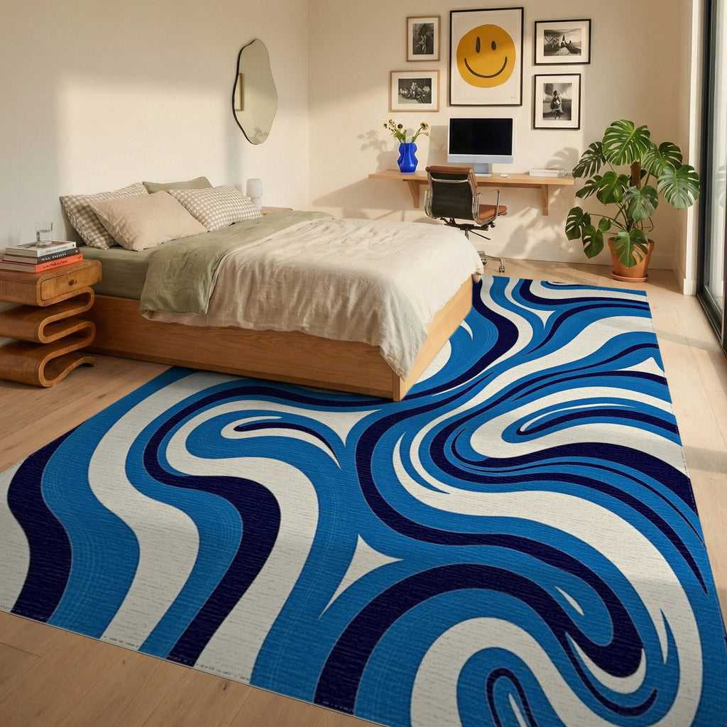 Bold Blue Swirling Abstract Waves Rug Bedroom View