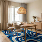Bold Blue Swirling Abstract Waves Rug Dining Room View