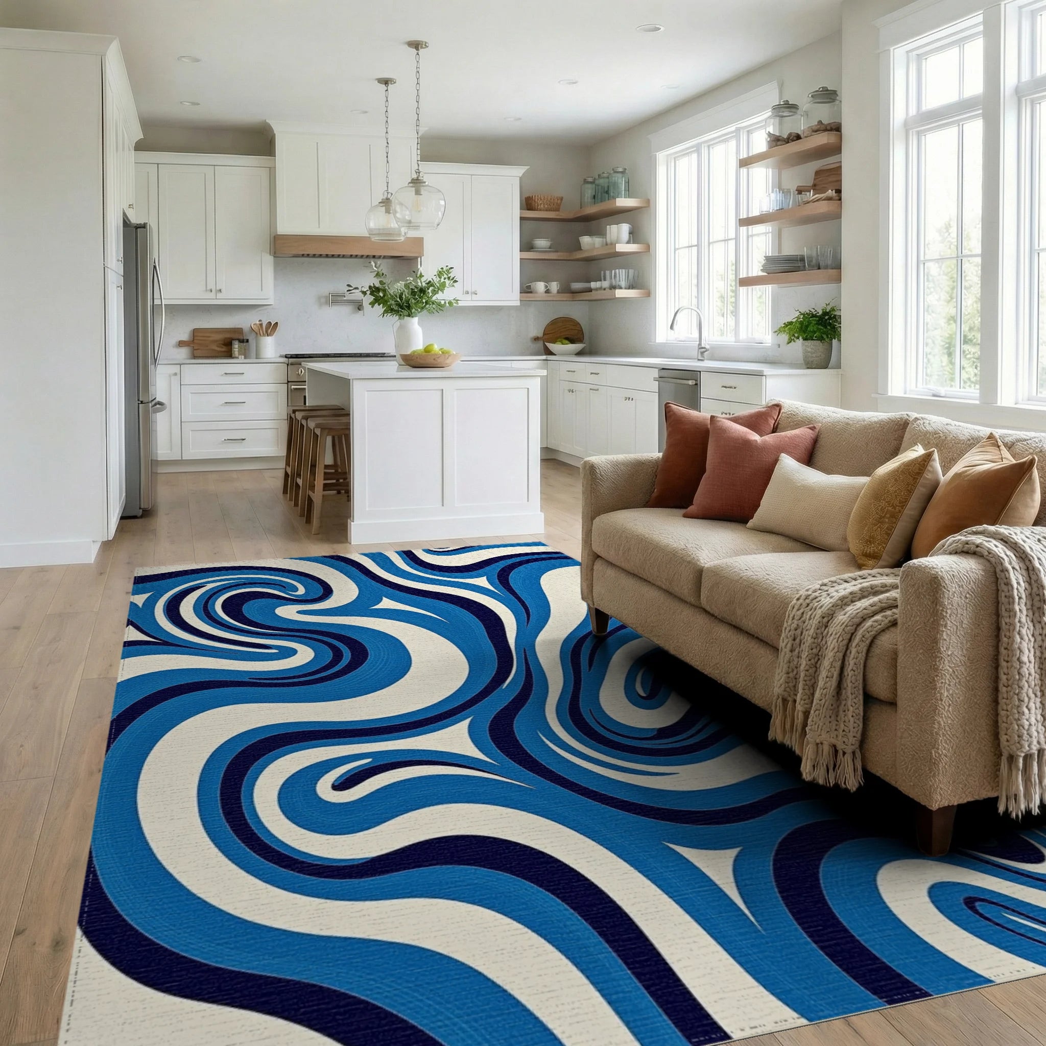 Bold Blue Swirling Abstract Waves Rug Living Room View