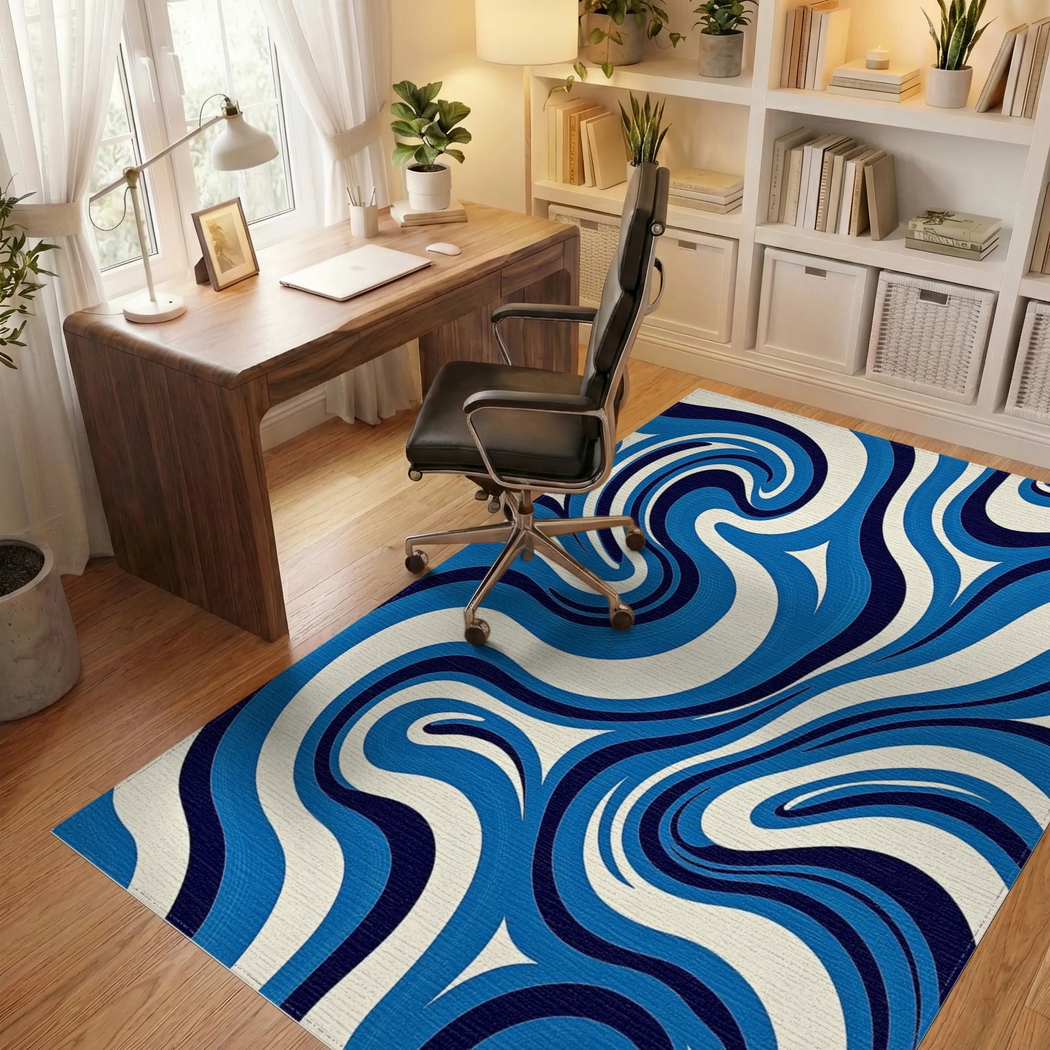 Bold Blue Swirling Abstract Waves Rug Office View