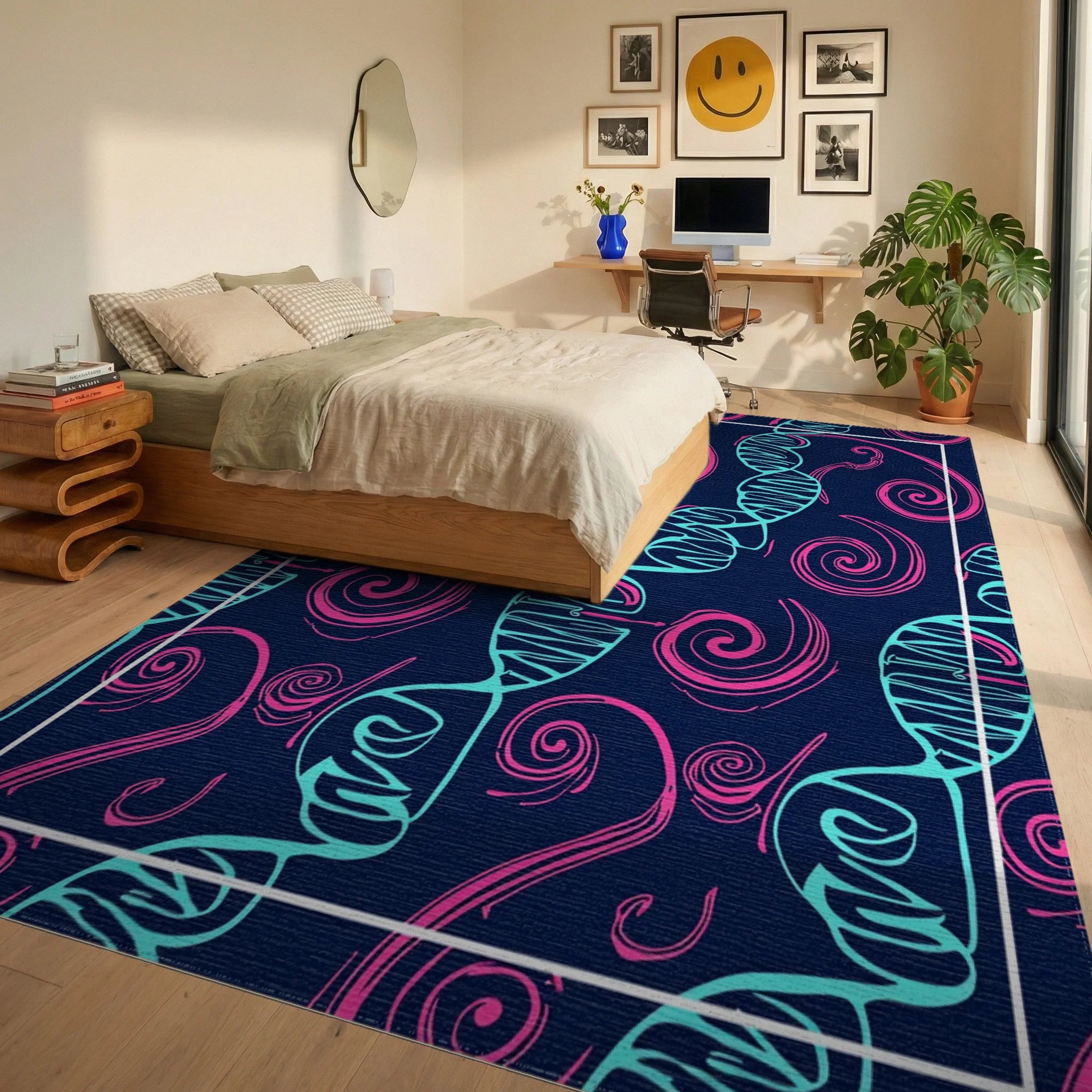 Bold DNA and Swirl Pattern Design Rug Bedroom View
