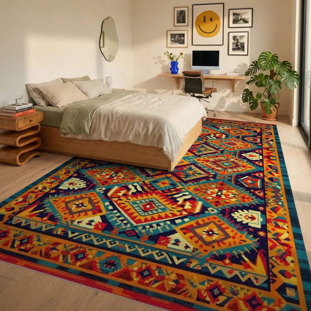 Bold Earthy Tribal Diamond Medallion Rug - Bedroom View